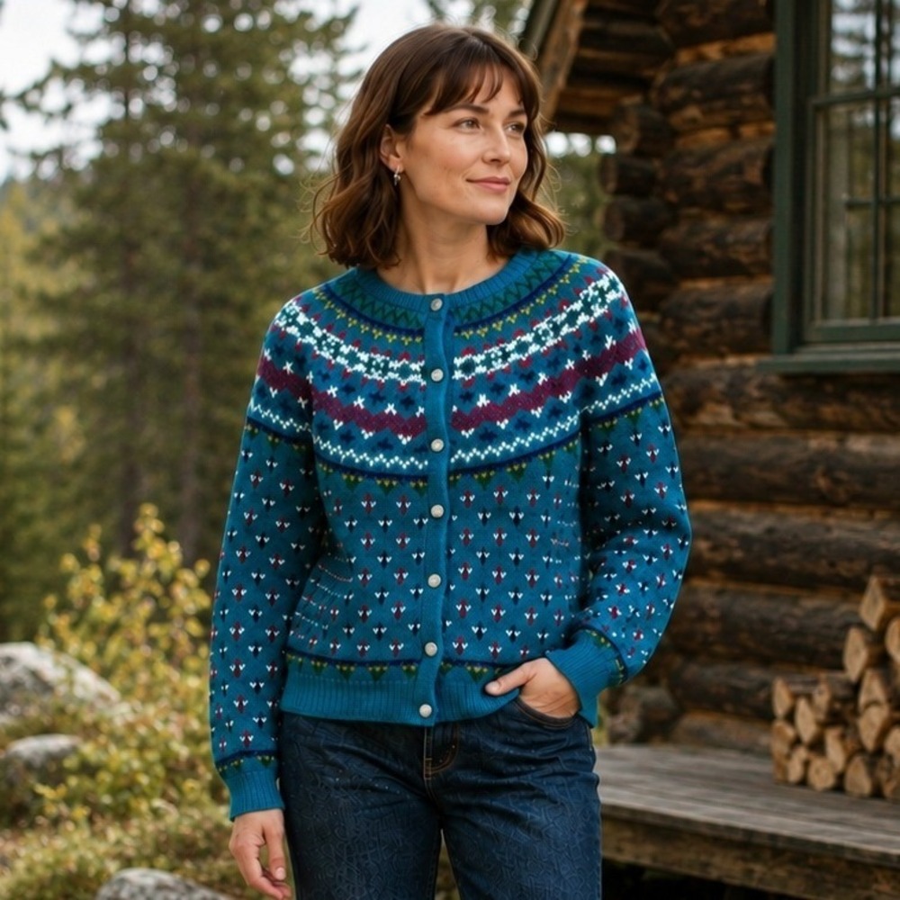 Northern Isles Womens Fair Isle Cardigan Sweater L Teal Nordic Cottage Vintage
